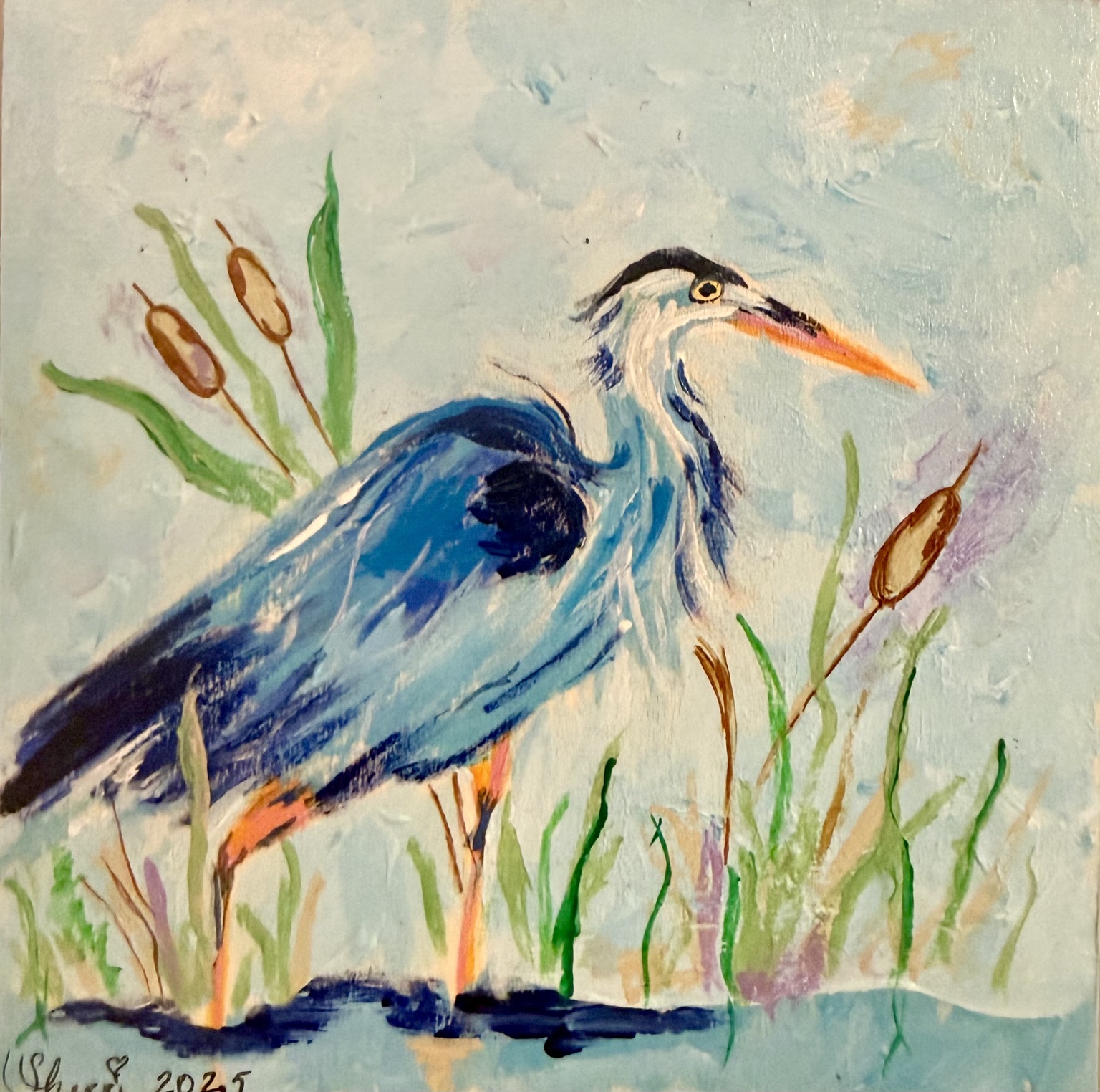 Blue heron standing among reeds and cattails in a textured painting