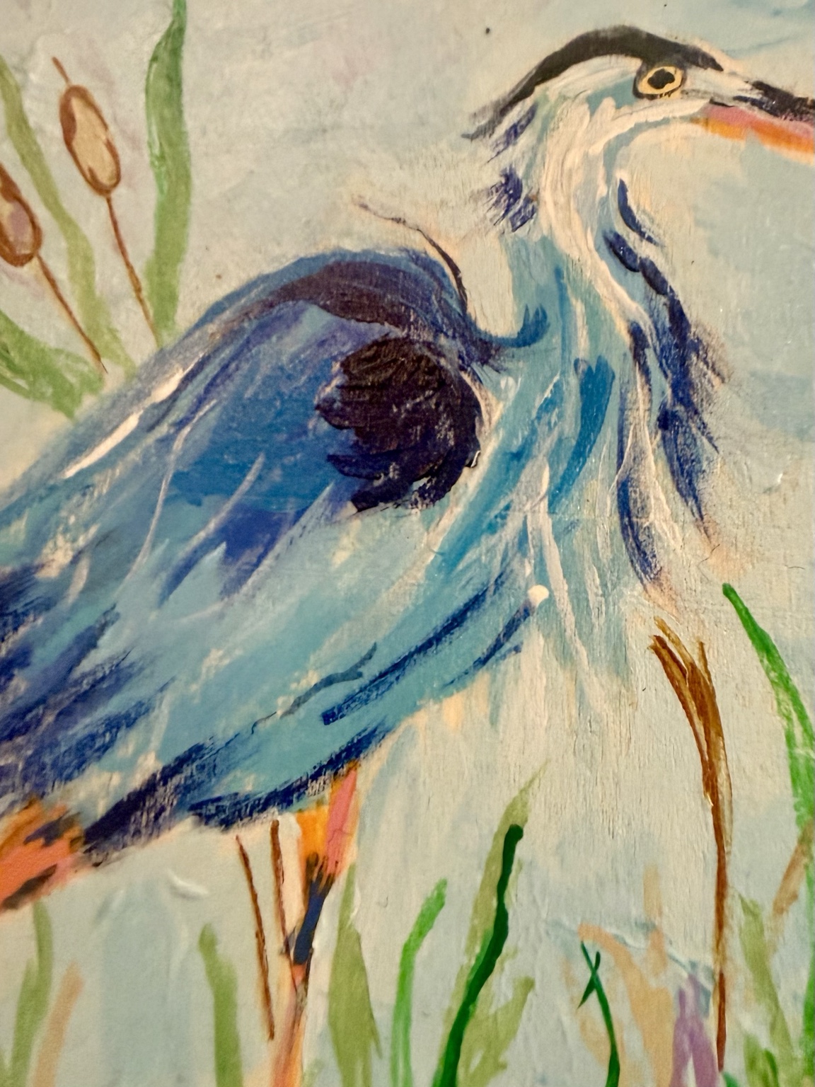 Close-up of the heron's blue feathers and brushwork