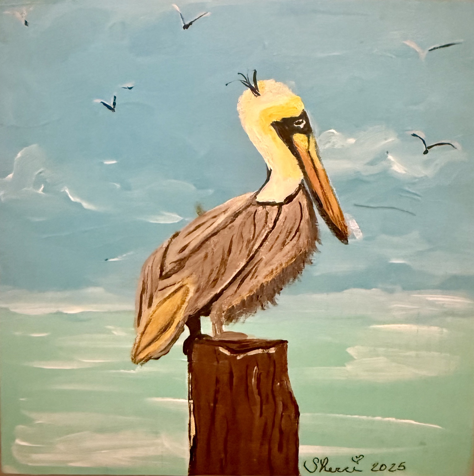 Brown pelican perched on a post above the sea, with birds in the sky
