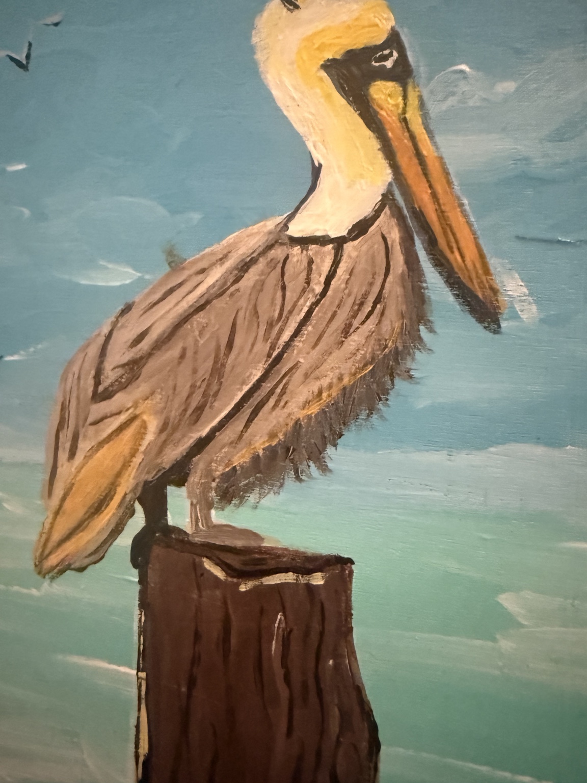 Close-up of the pelican's feathers and textured paint