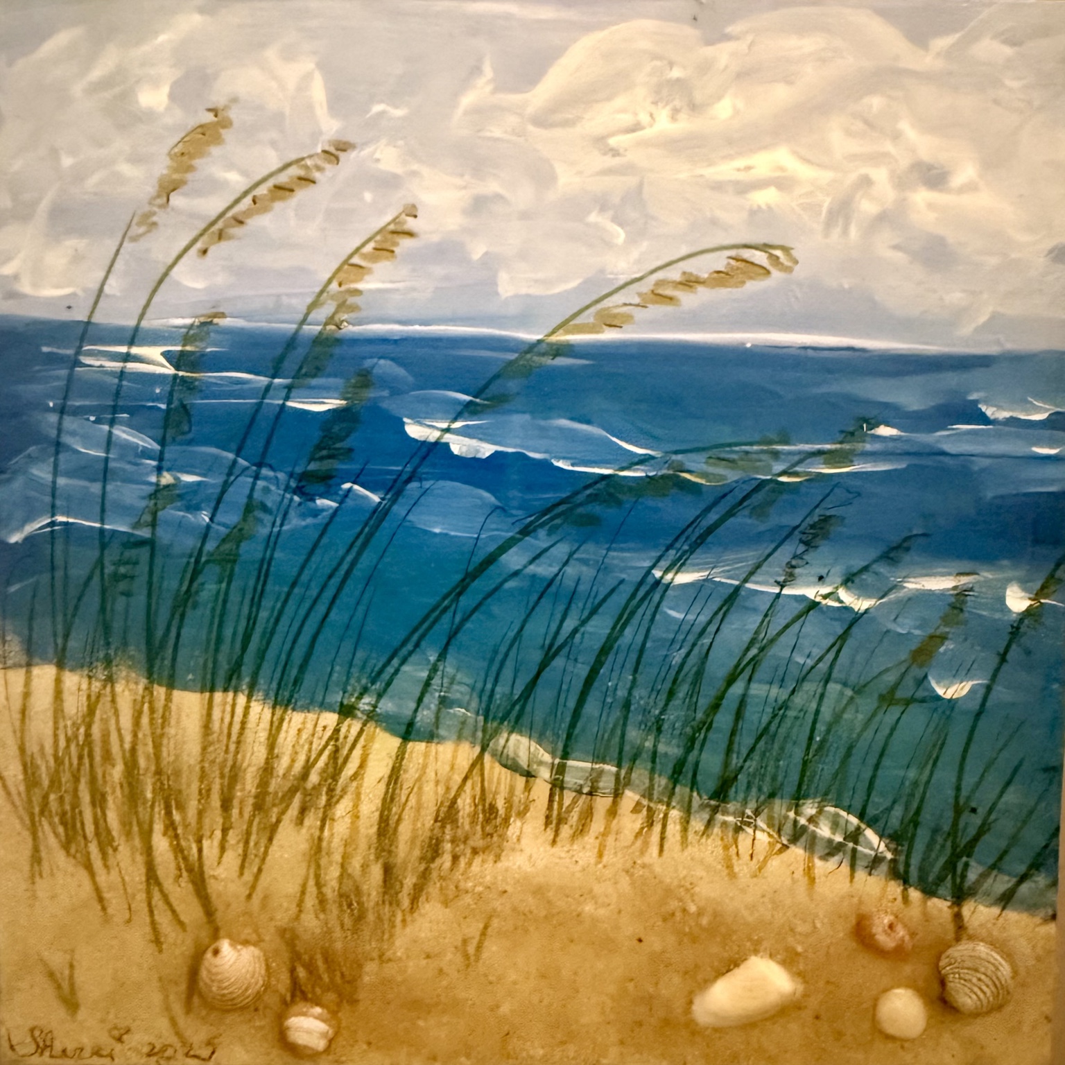 Seaside landscape with dune grasses, shells, blue waves, and a sweeping sky