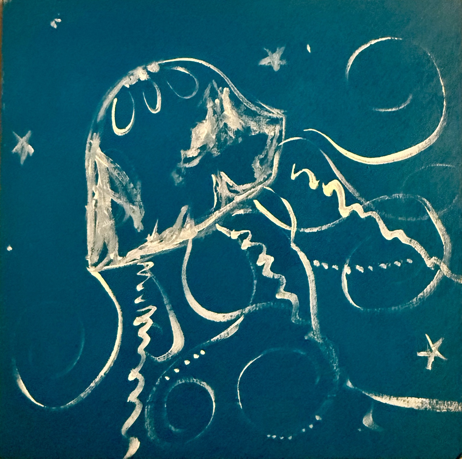 Pale jellyfish with flowing tentacles on a deep teal background
