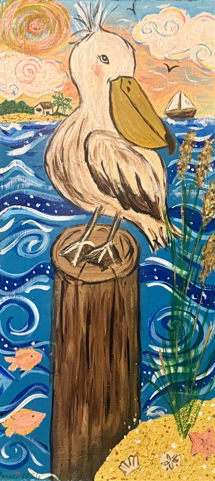 Tall painting of a pelican on a piling above swirling blue water, with a sailboat in the distance