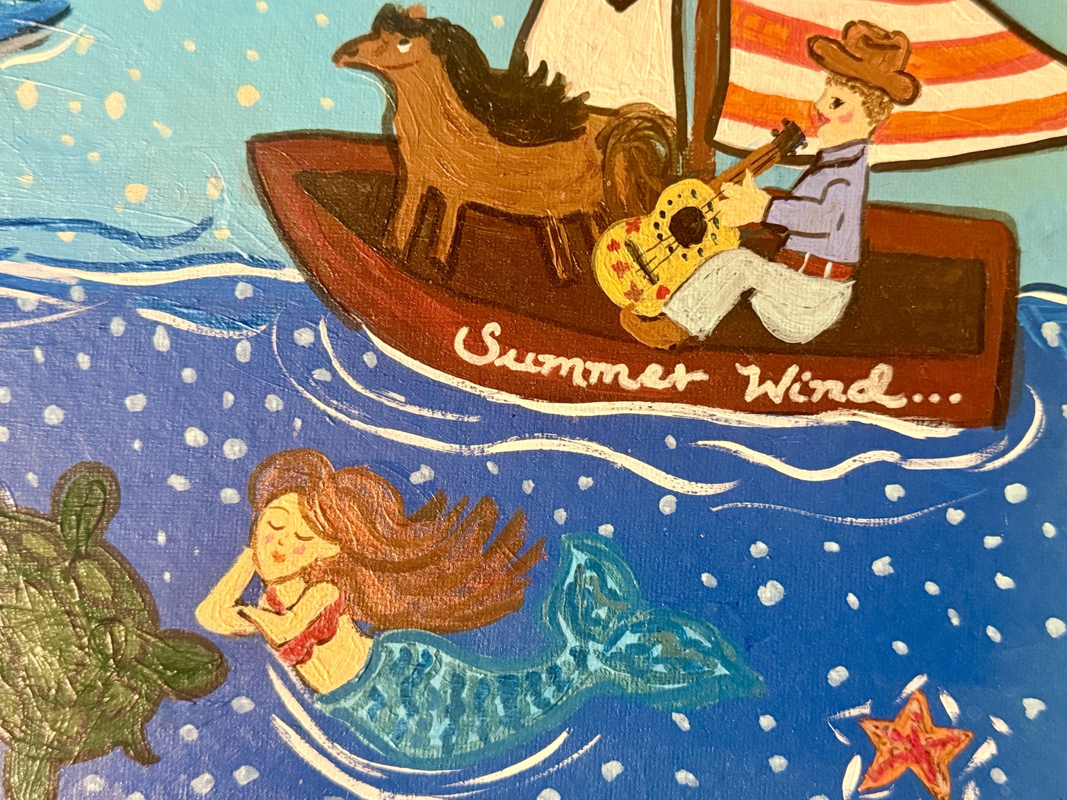 Close-up of Summer Wind, a horse, and the mermaid