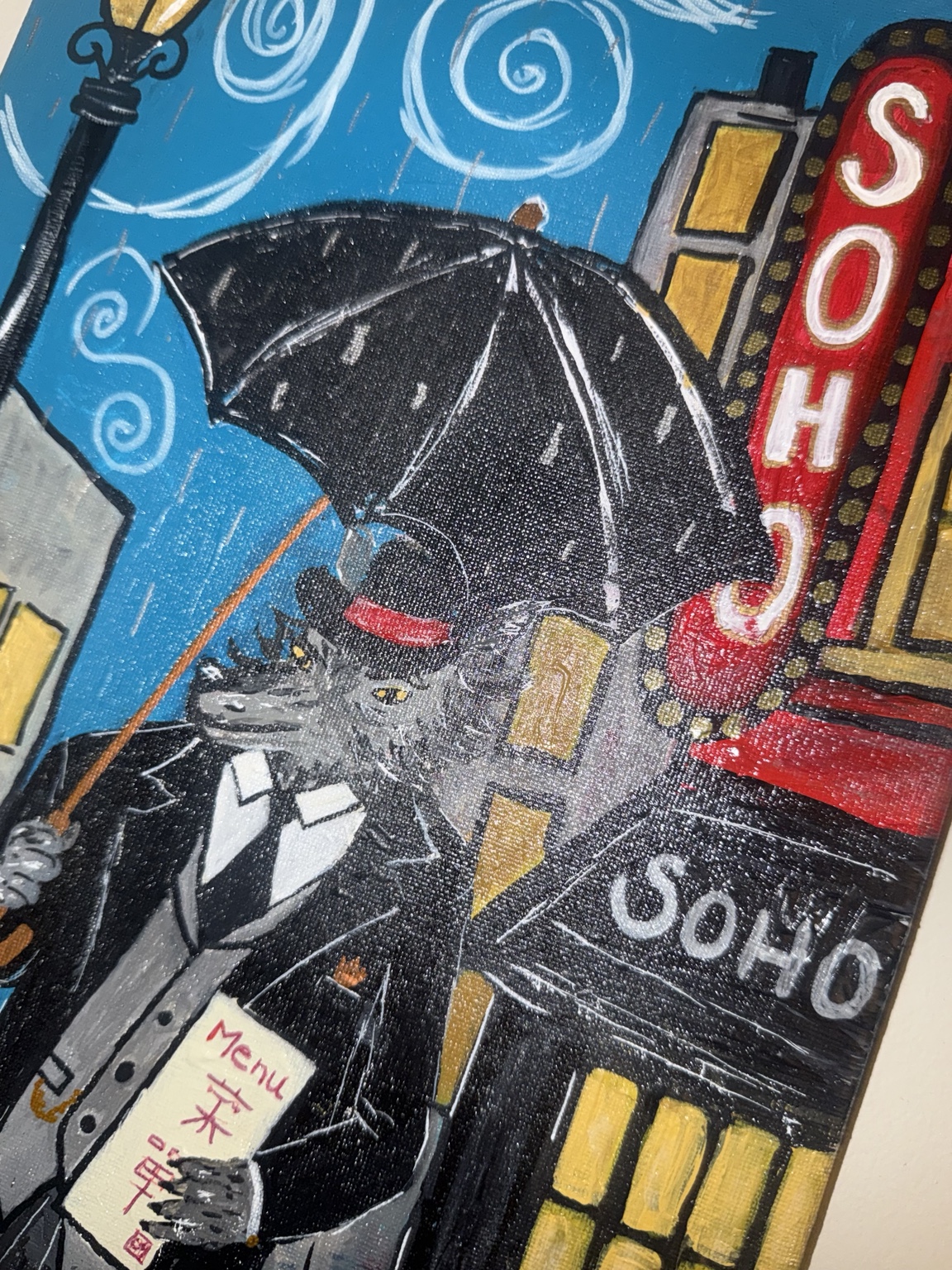 Close-up of the werewolf and Soho street