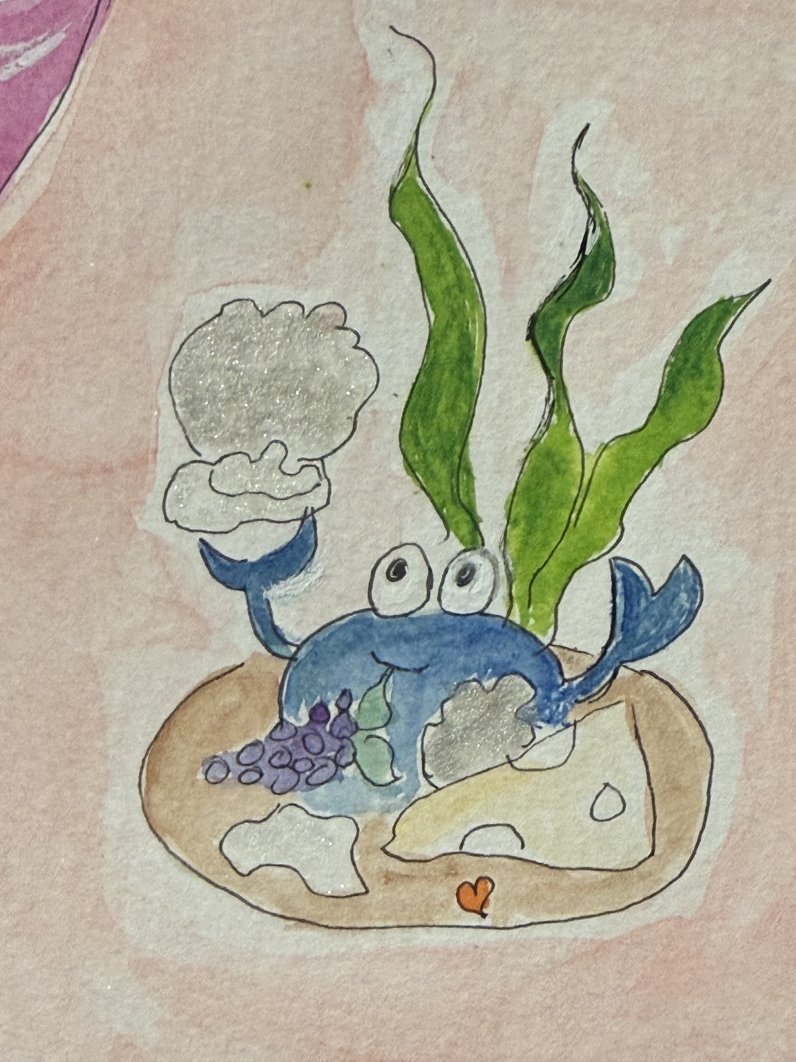 Close-up of the blue crab beside Mabel