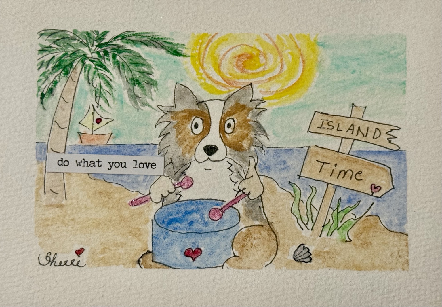 A cheerful island dog plays a blue drum on the beach under a bright swirling sun
