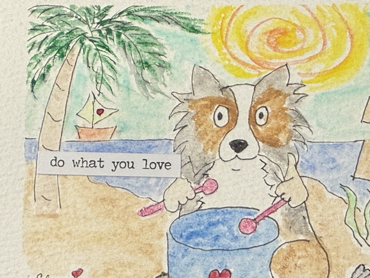 Close-up of the island dog drumming on the beach