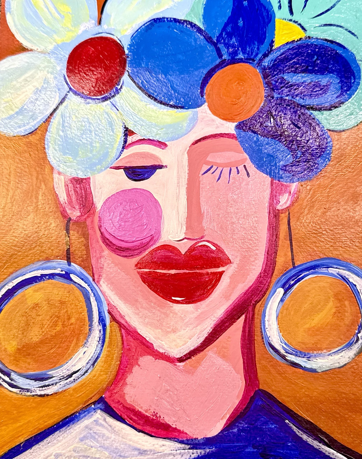 Colorful portrait with flowered hair, pink face and blue earrings