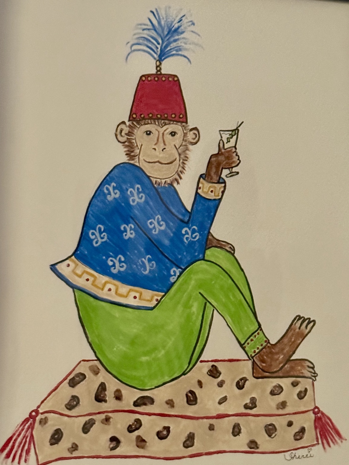 Monkey in a fez and blue jacket holding a drink