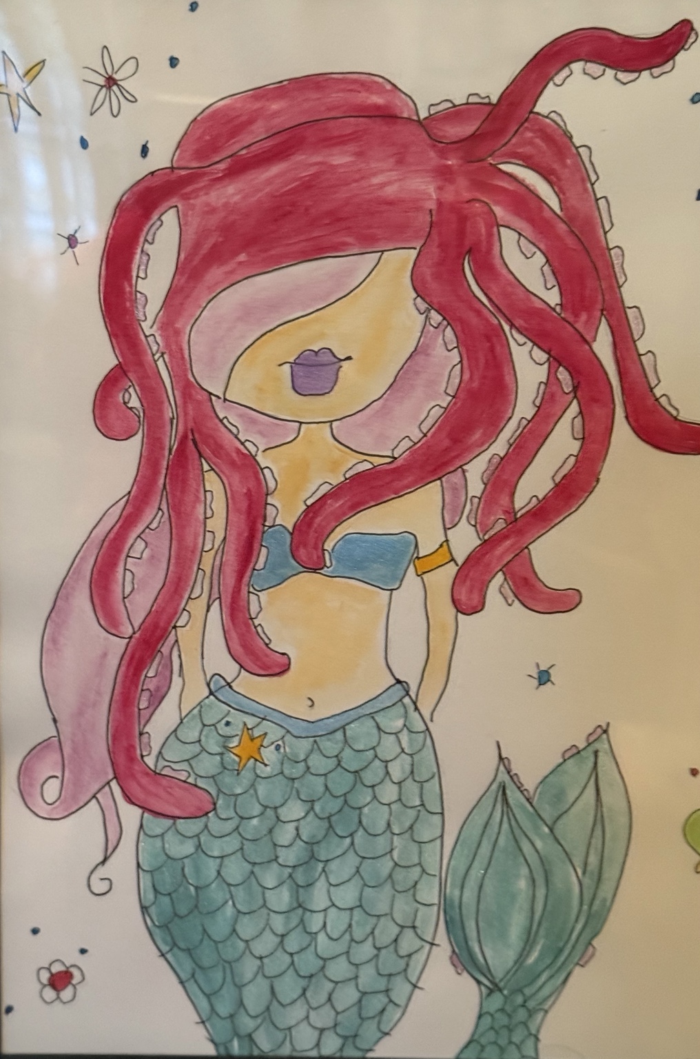 Mermaid with pink tentacle hair and turquoise tail