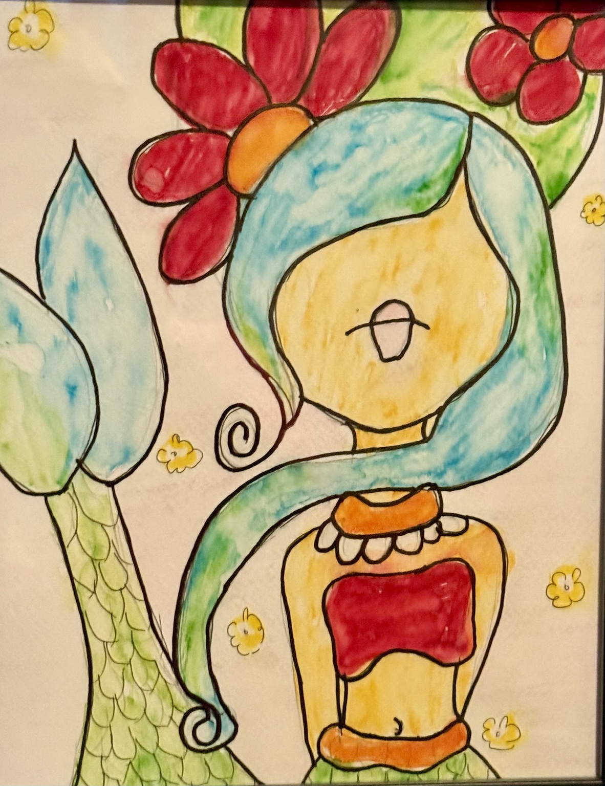 Mermaid with long turquoise hair and bright flowers
