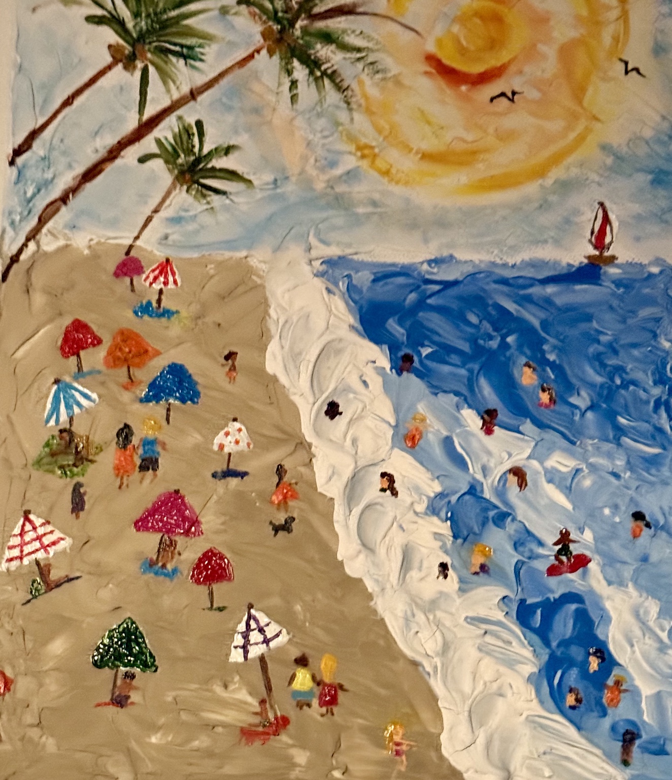 A busy sunny beach scene with palms, umbrellas and swimmers