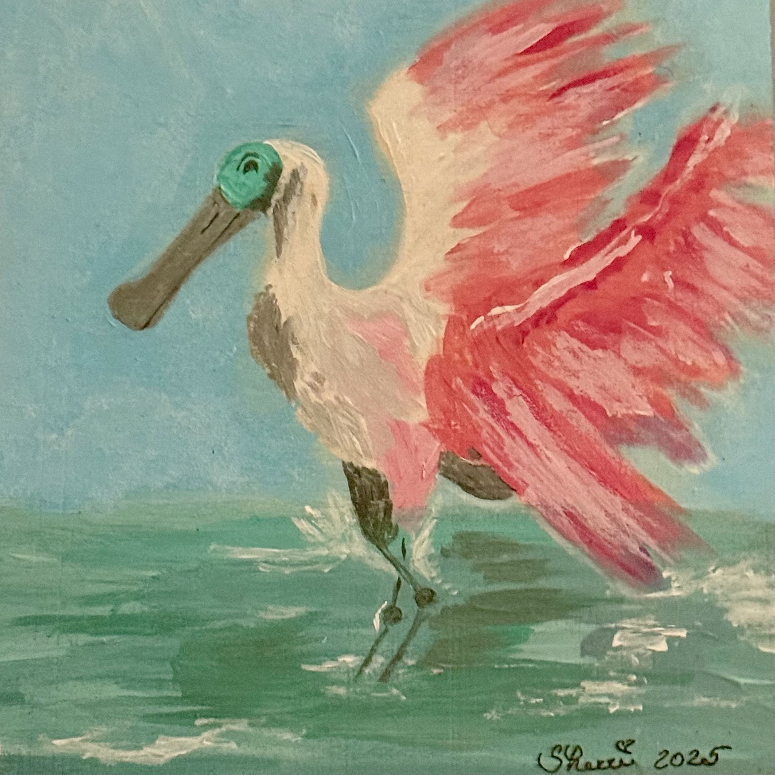 Original painting of a pink roseate spoonbill taking flight over turquoise water