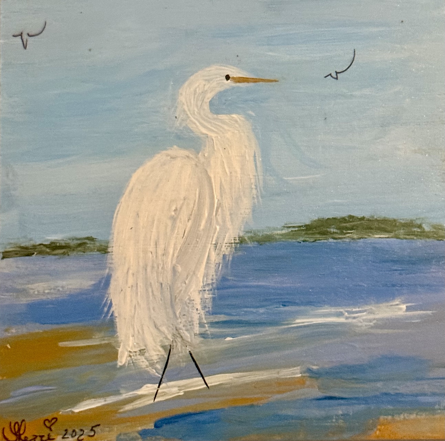 Painting of a white egret standing at the water’s edge