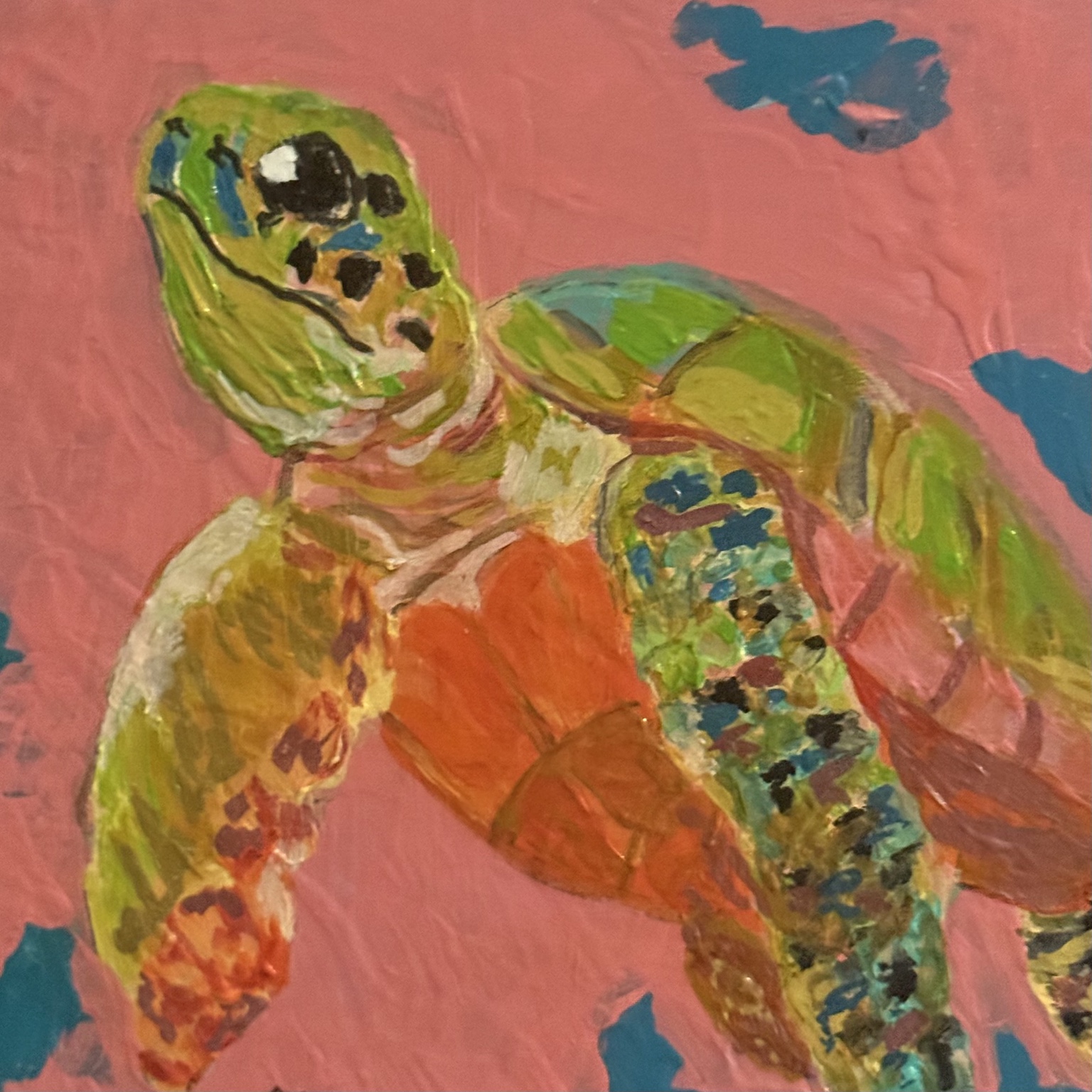 Colorful painting of a swimming sea turtle against coral pink