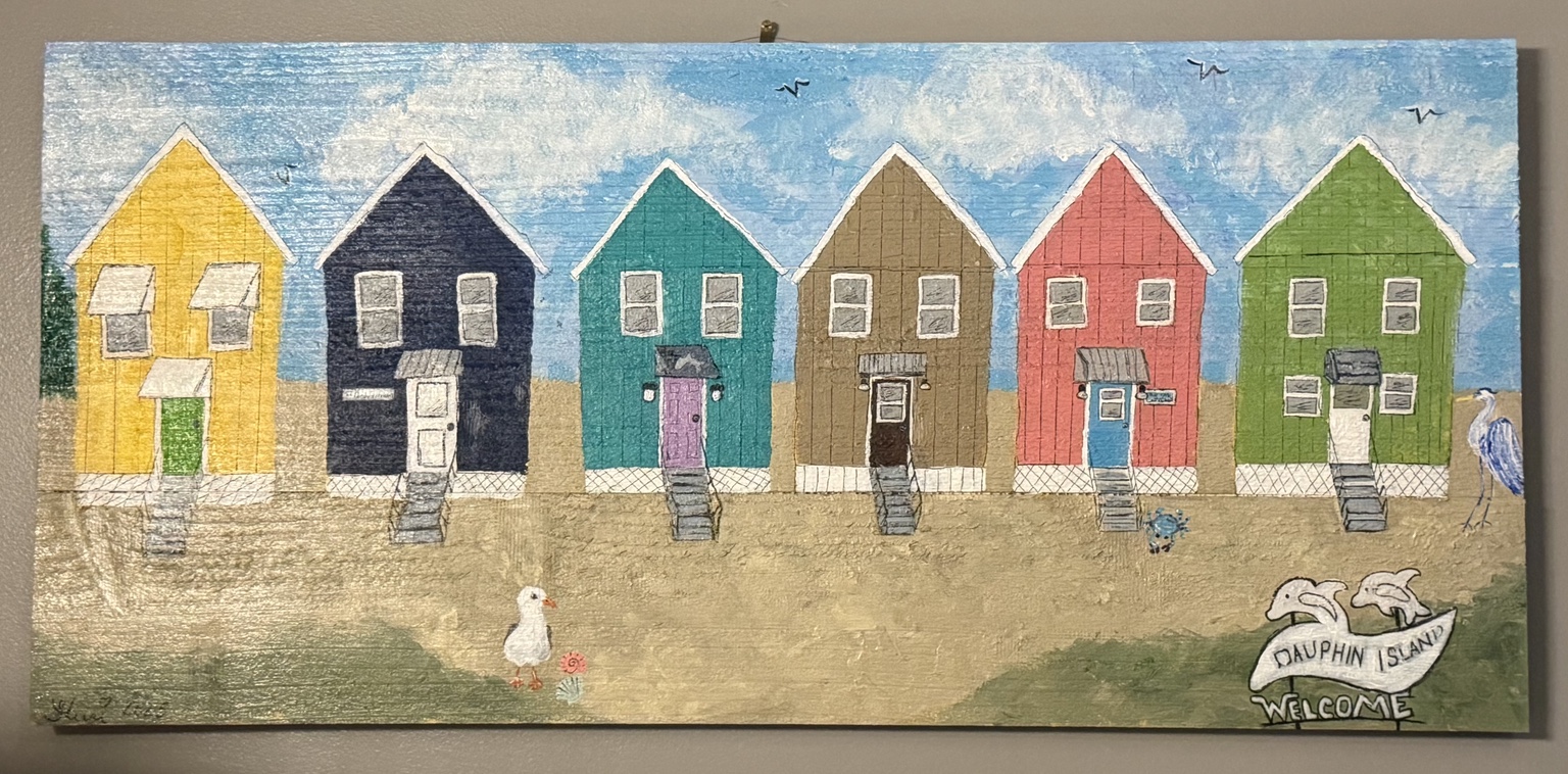 Colorful folk art painting of six beach houses and a Dauphin Island welcome sign
