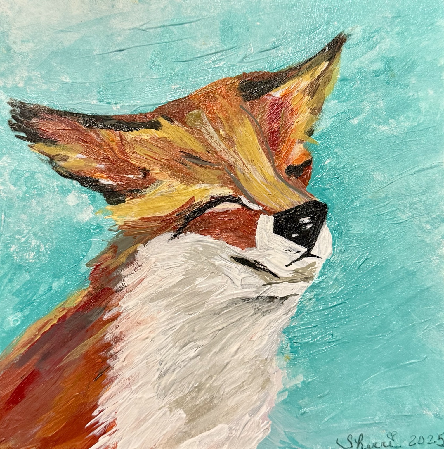 Close-up painting of a Dauphin Island fox against a turquoise background