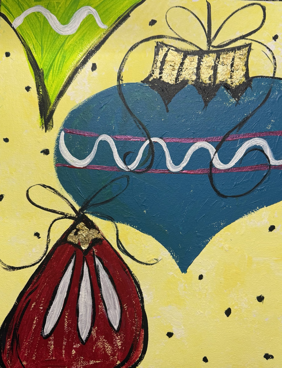 Bright painting of decorated hearts and ornaments