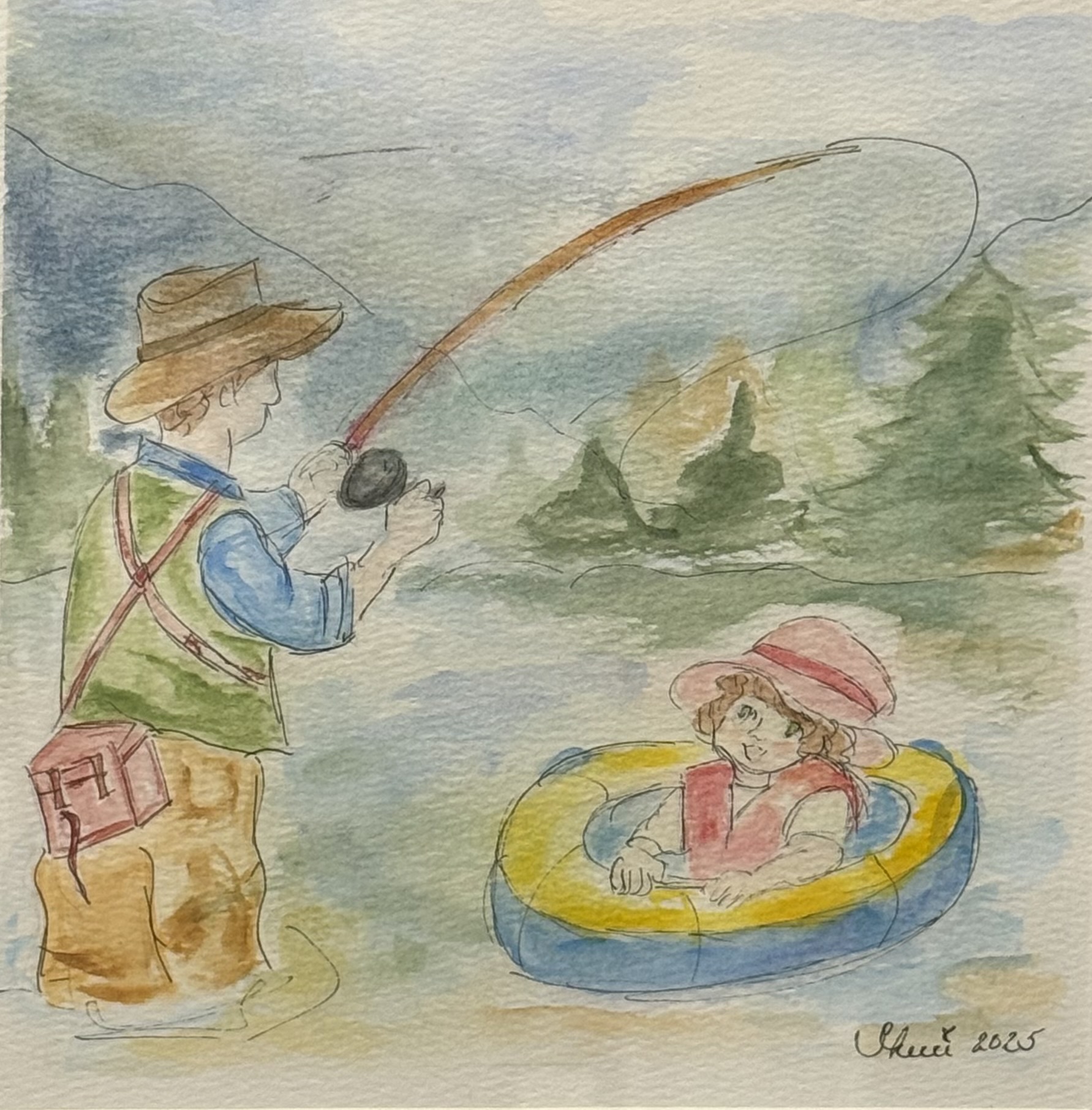 Watercolor of a man fishing near a child in a boat