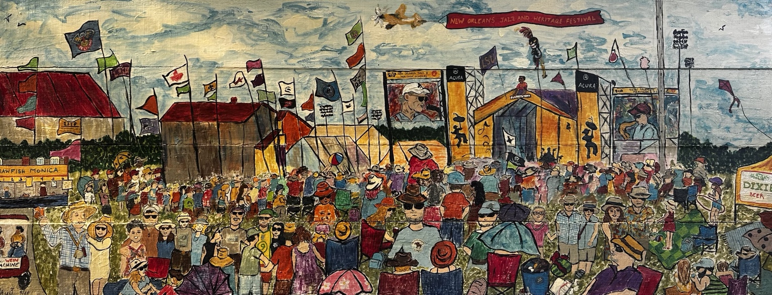 Colorful crowd and stages at the New Orleans Jazz and Heritage Festival