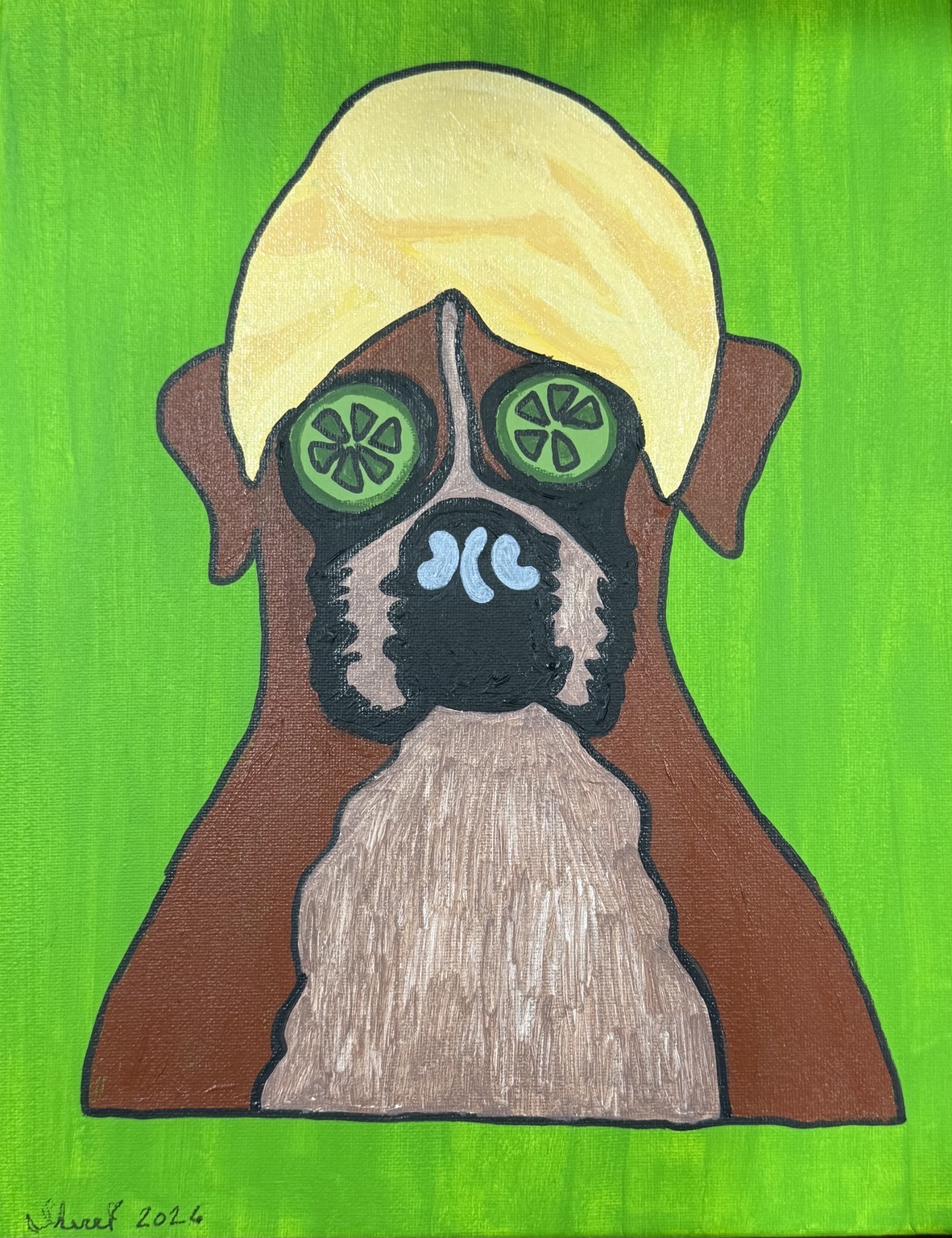 Dog in a blond wig with cucumber slices over its eyes
