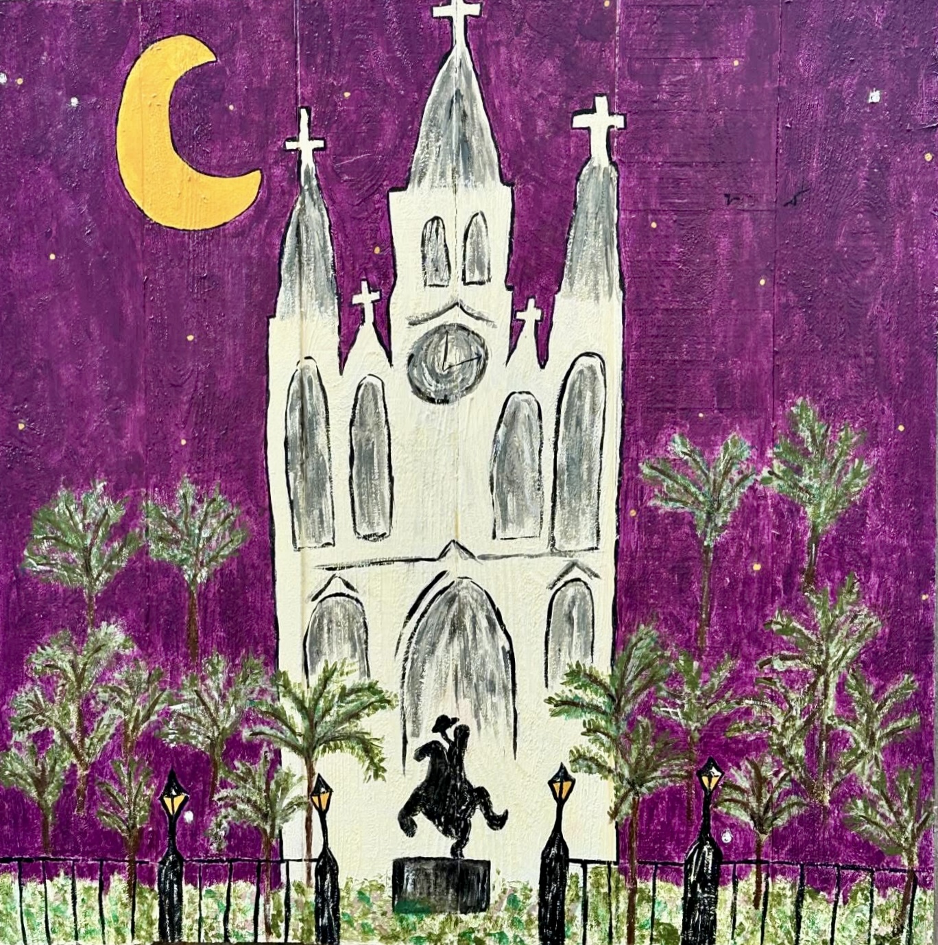 A white cathedral under a crescent moon against a purple night sky