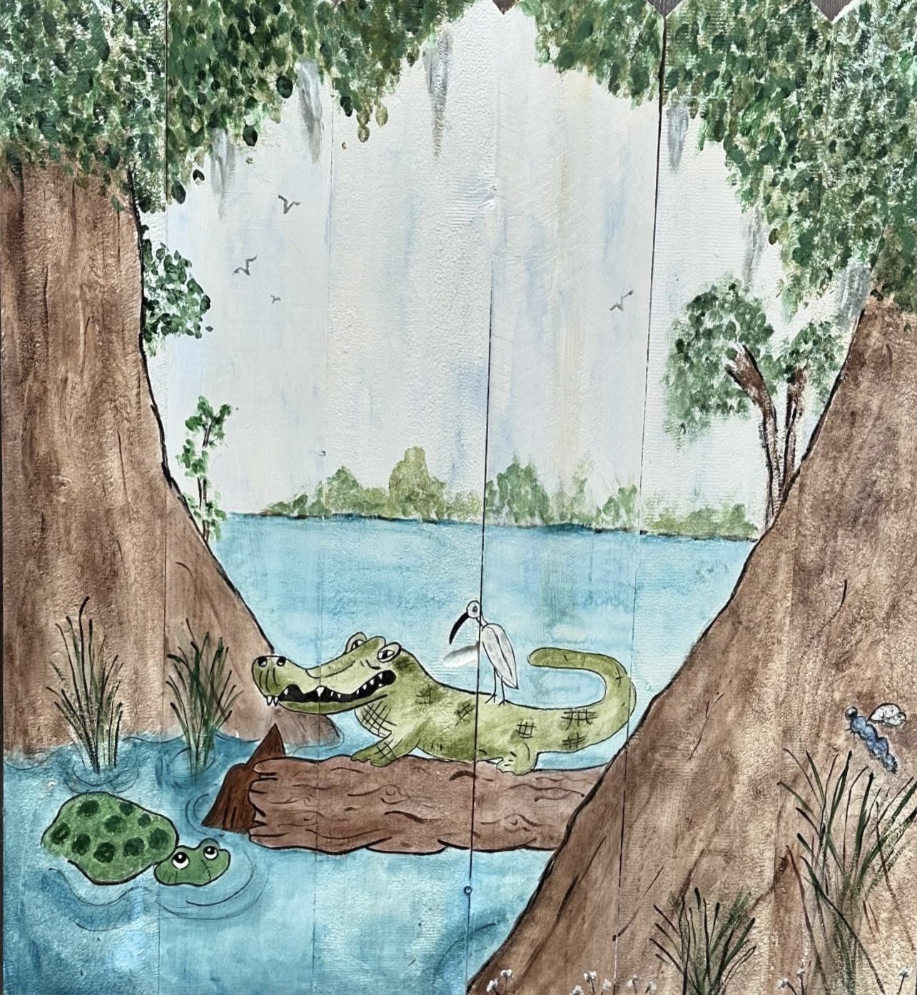 Alligator, turtle, and water bird in a Louisiana bayou scene