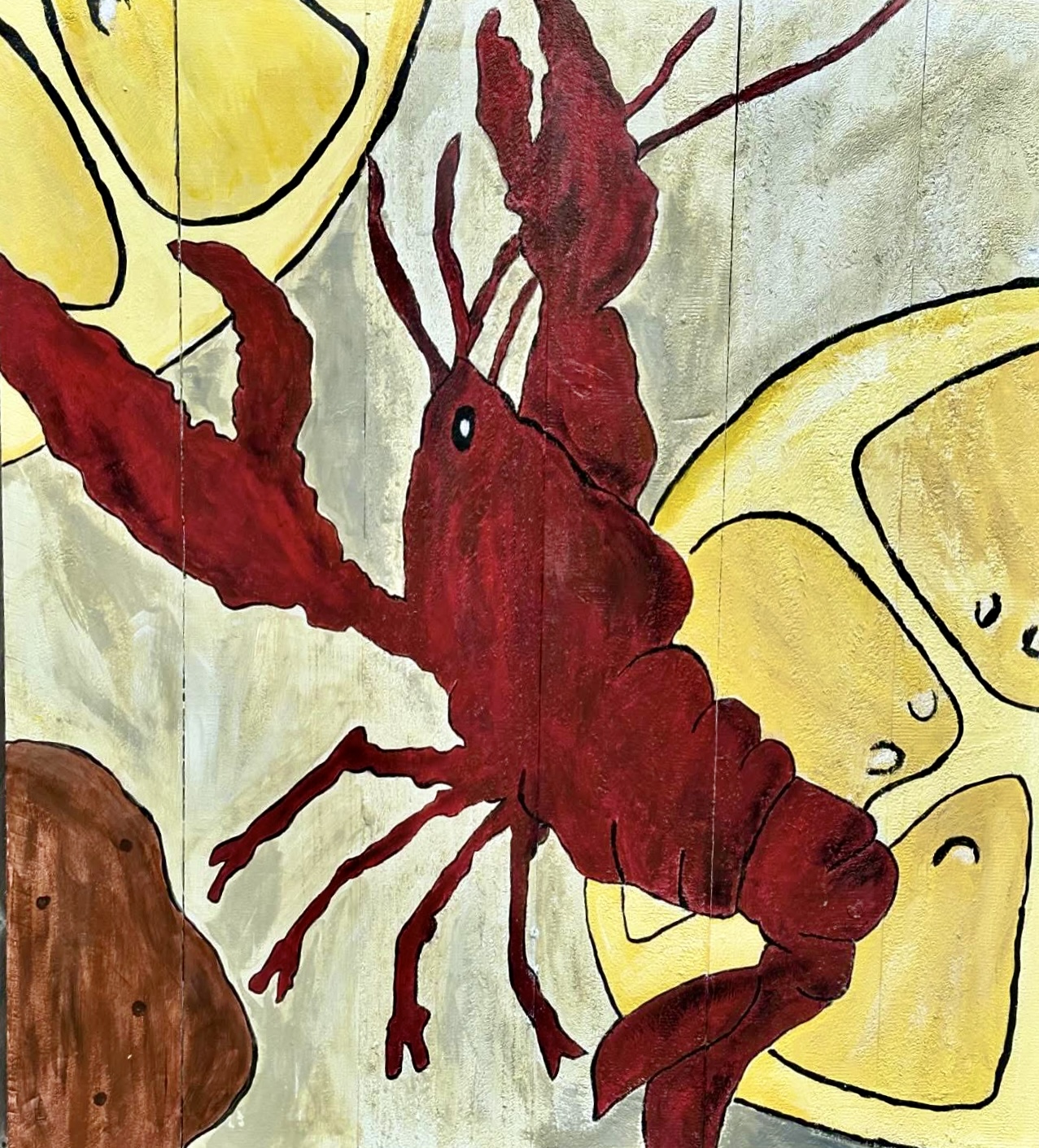 Red crawfish in a close-up folk art painting