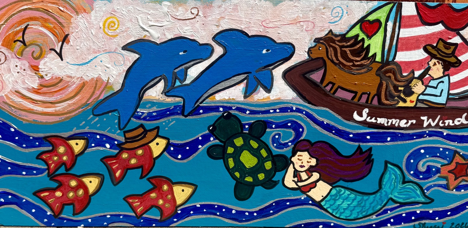 Sailboat called Summer Wind, dolphins, a mermaid, and pony at sea