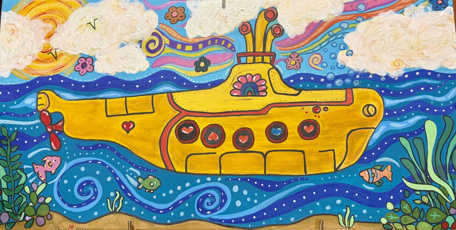 Yellow submarine with heart-shaped portholes beneath a swirling sky