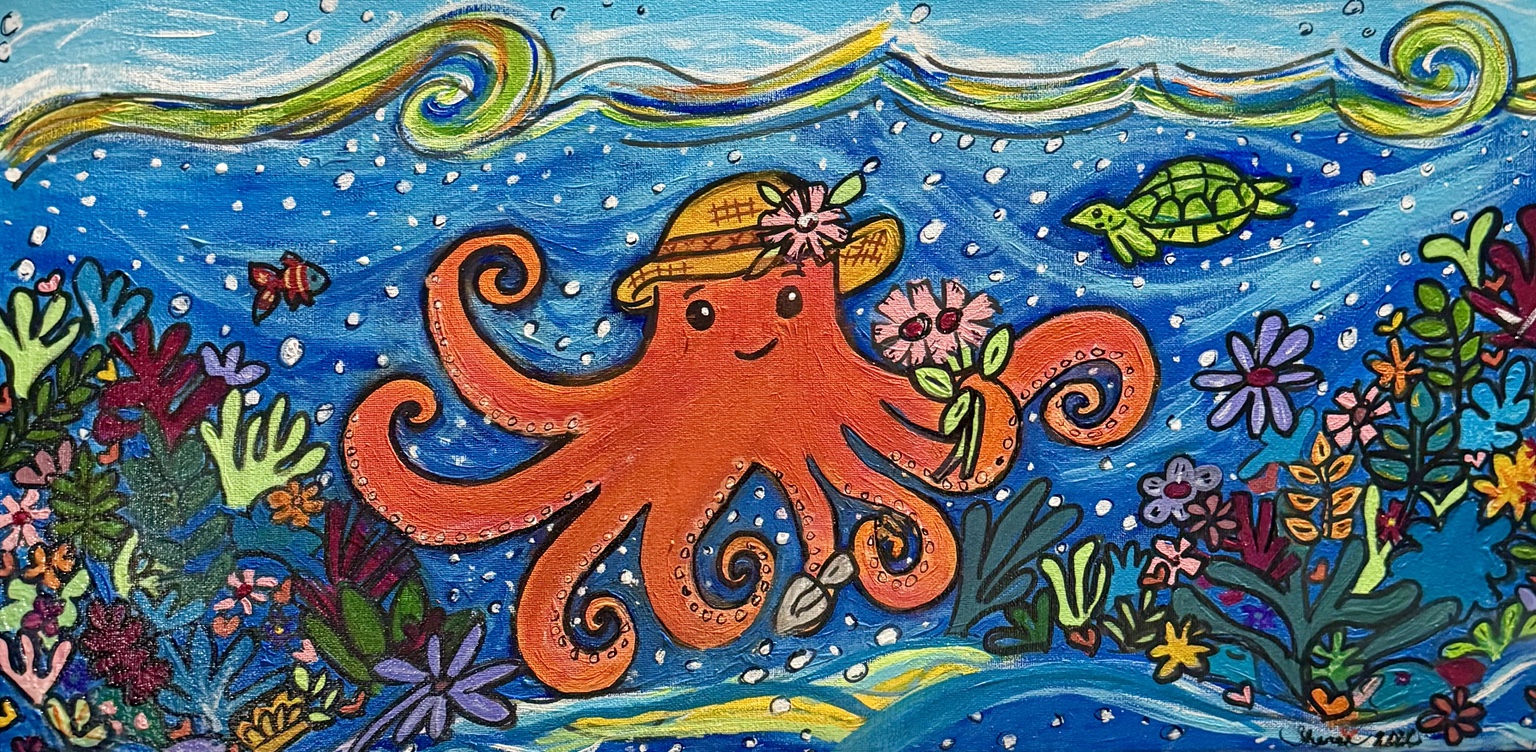 Orange octopus with a gardener's hat tending an underwater flower garden
