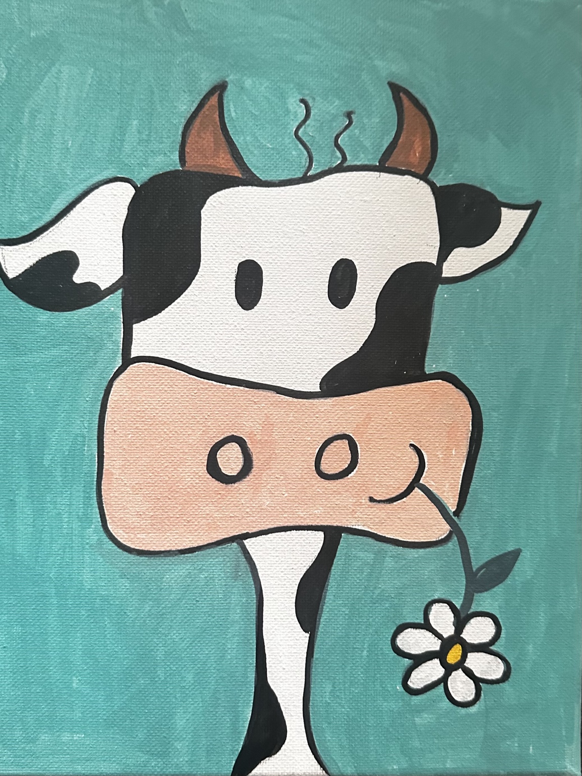 Black and white cow holding a daisy against a turquoise background