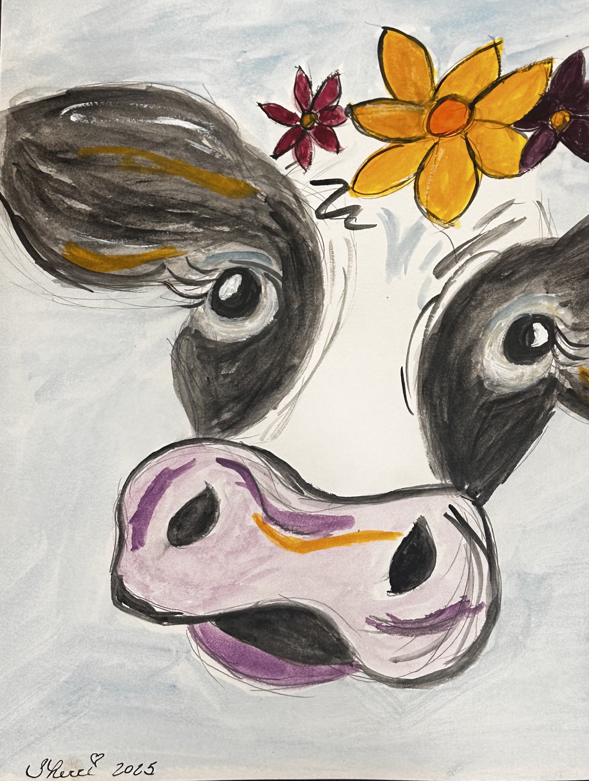 Watercolor cow face adorned with colorful flowers
