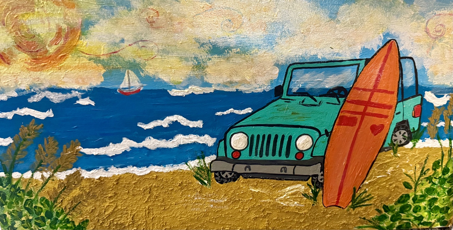 Turquoise Jeep and orange surfboard by a blue sea beneath a swirling sun