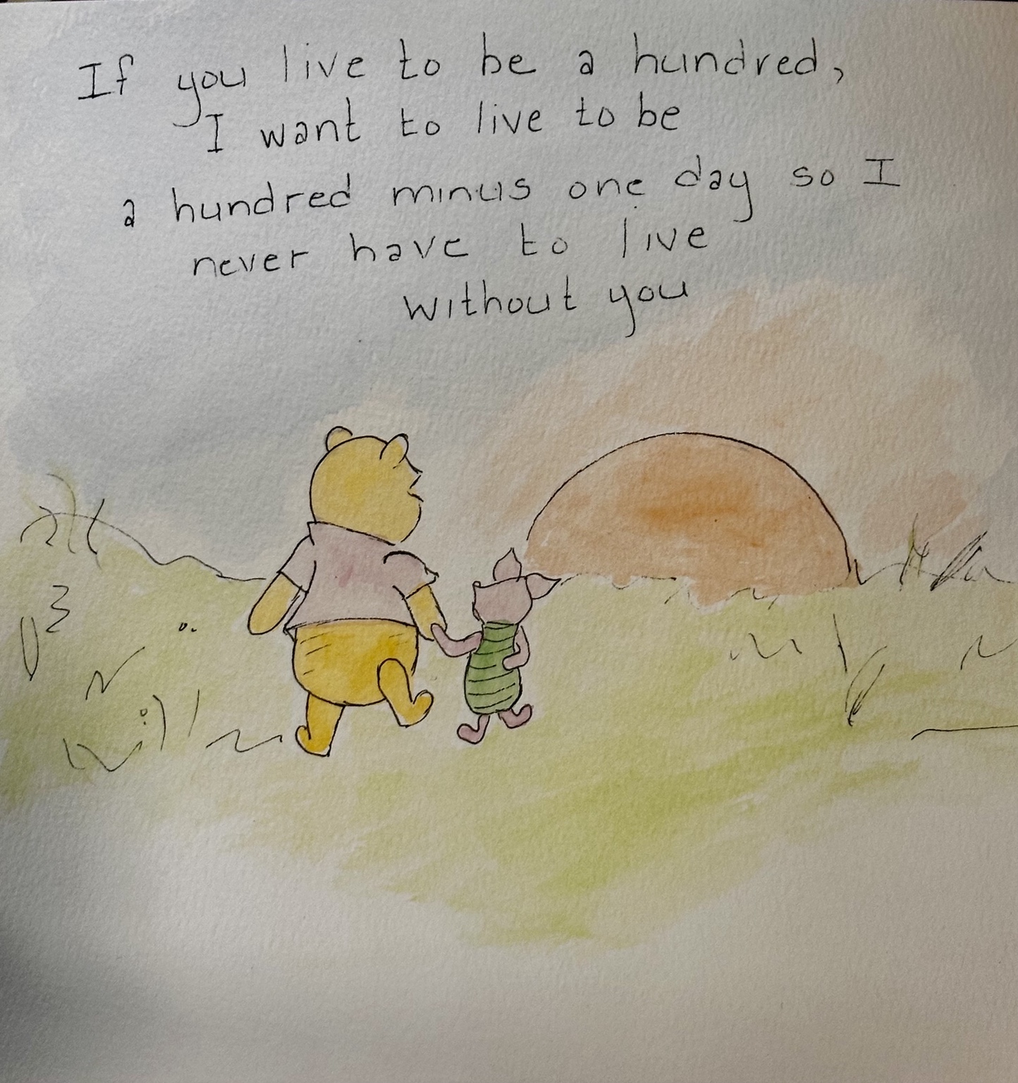 Watercolor of Pooh and Piglet walking together toward a sunset