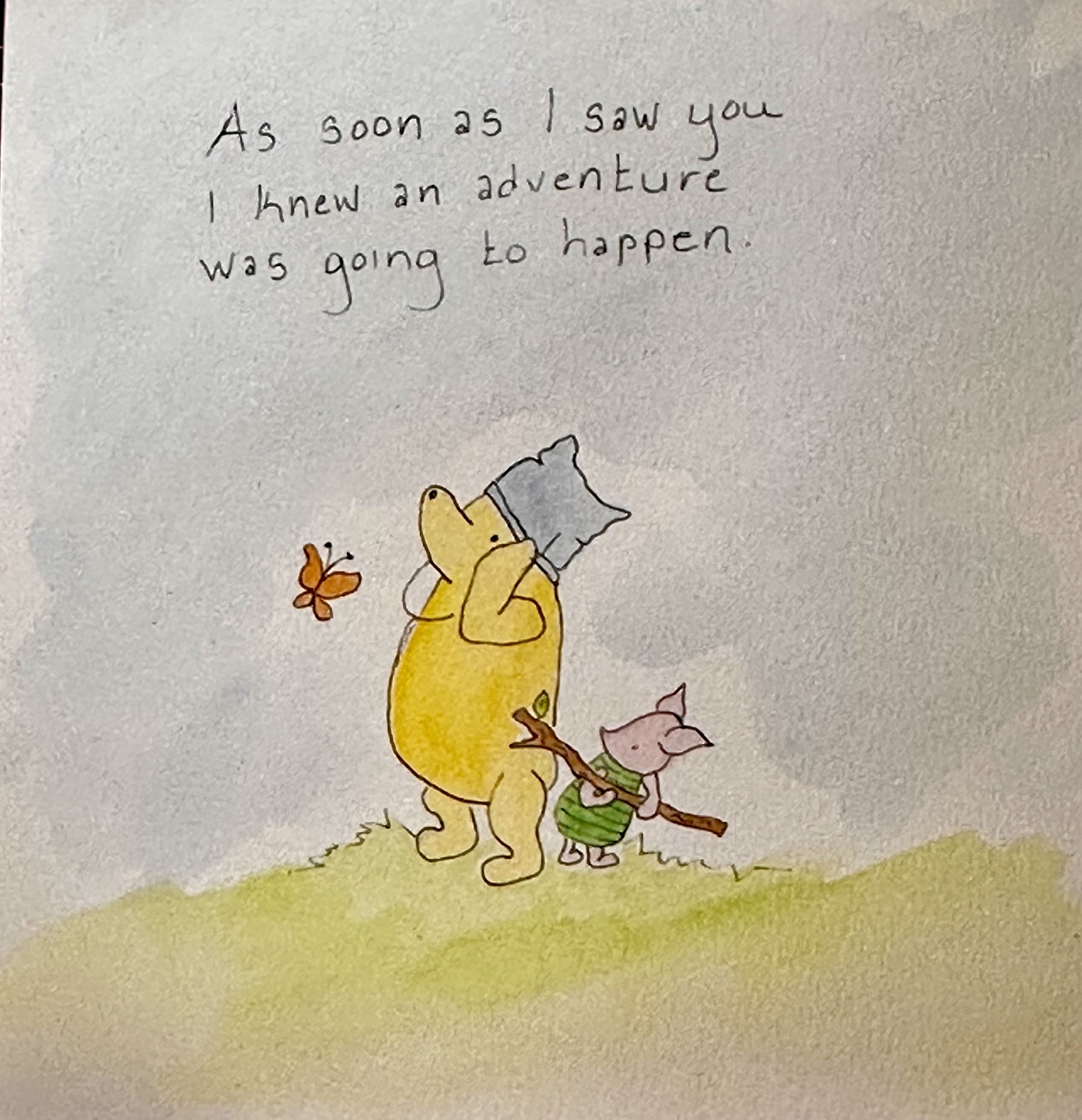 Pooh with a travel bundle and Piglet carrying a small branch