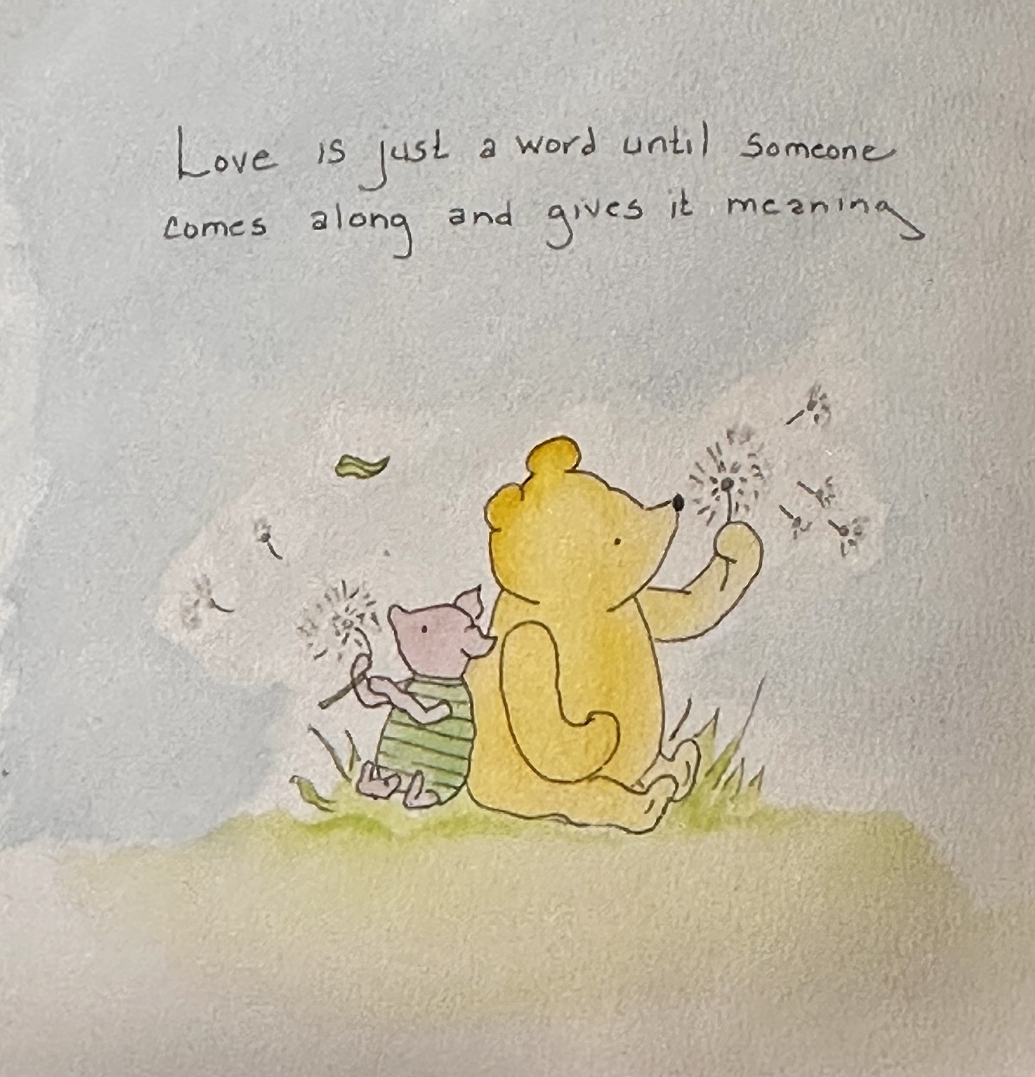 Pooh and Piglet sitting together and blowing dandelion seeds