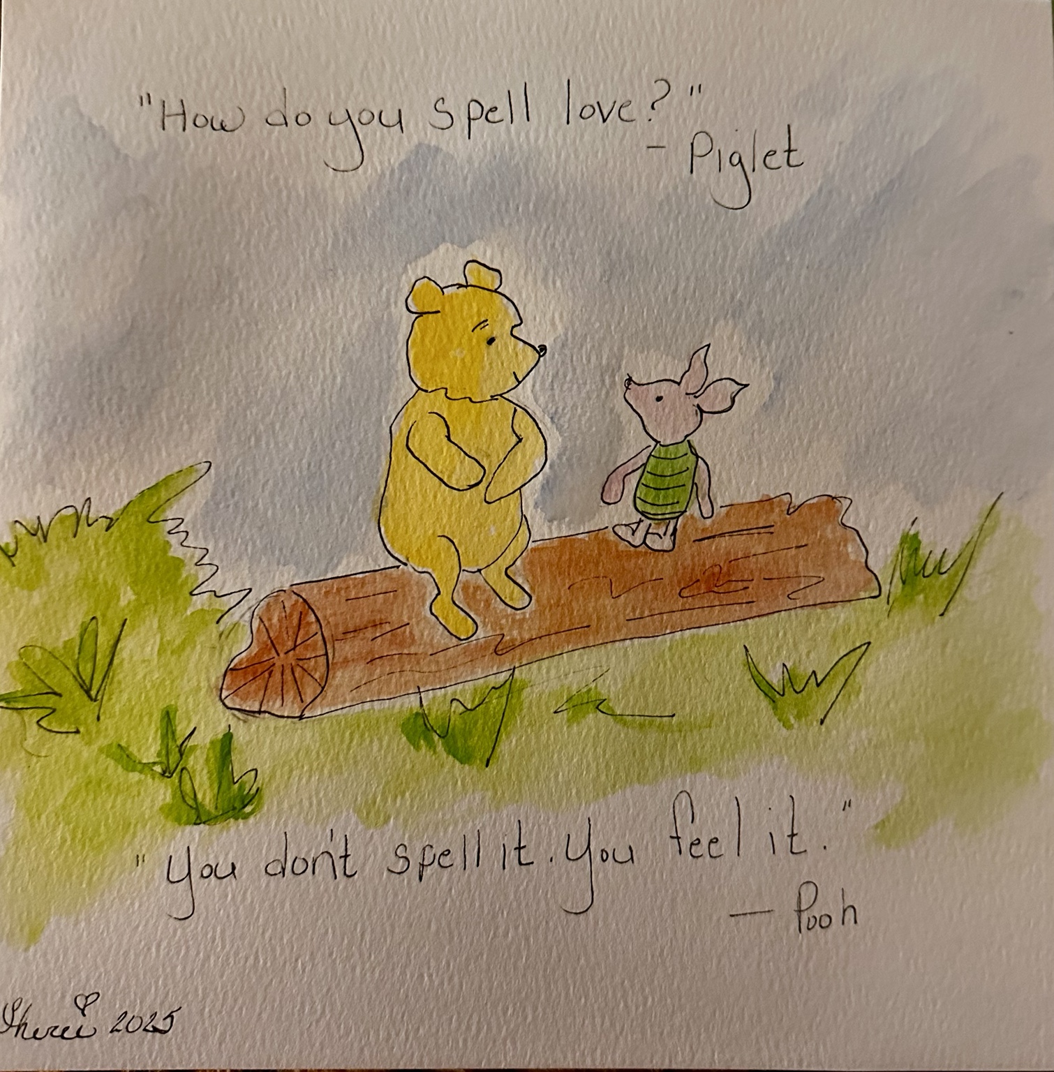 Pooh and Piglet sitting together on a fallen log