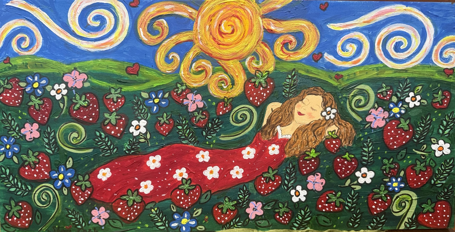 Girl resting in a field of strawberries beneath a swirling sun