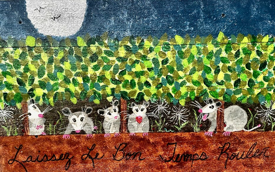 Opossums beneath the moon in a folk art painting