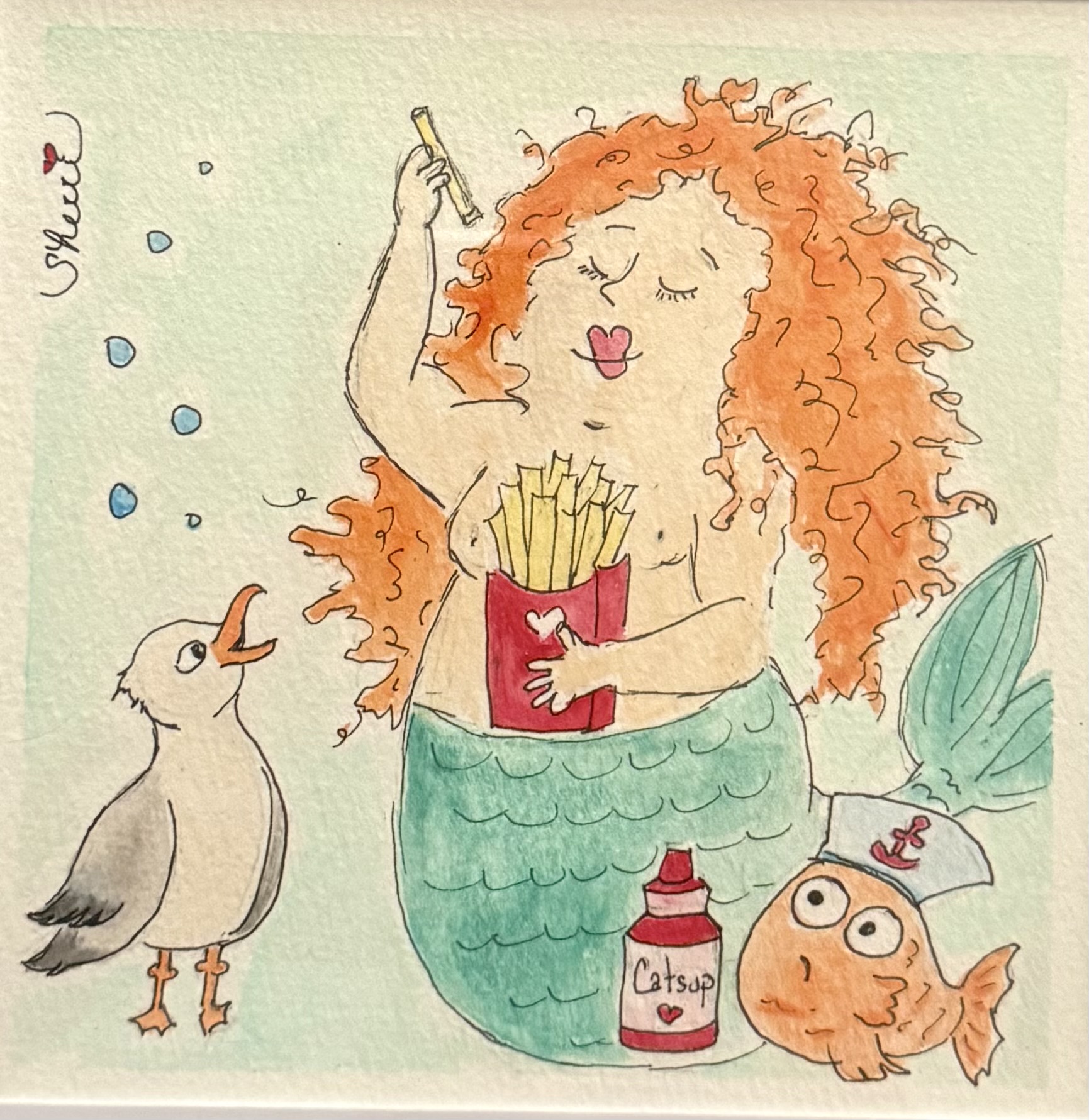 Mabel the mermaid holding french fries with a pelican and Nugget the fish