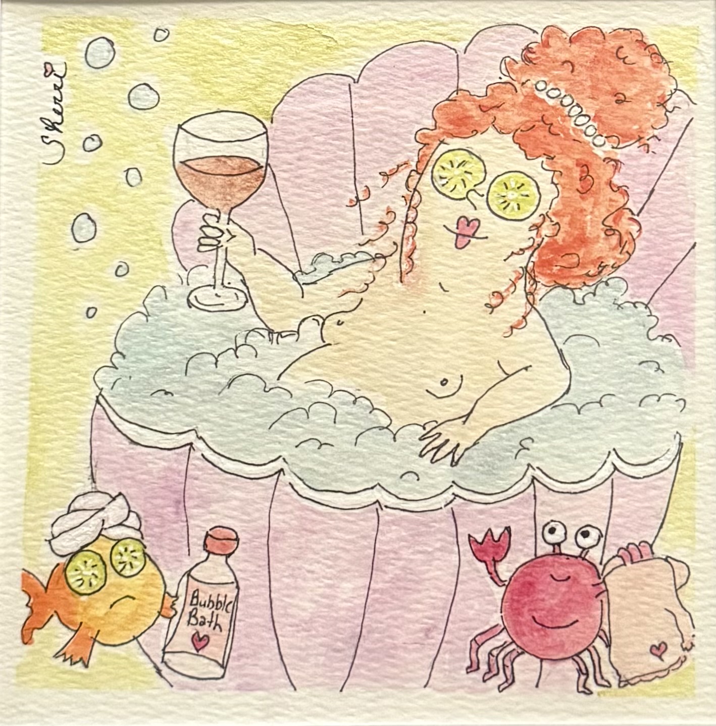 Mabel the mermaid in a bubble bath with cucumber eyes and Nugget nearby