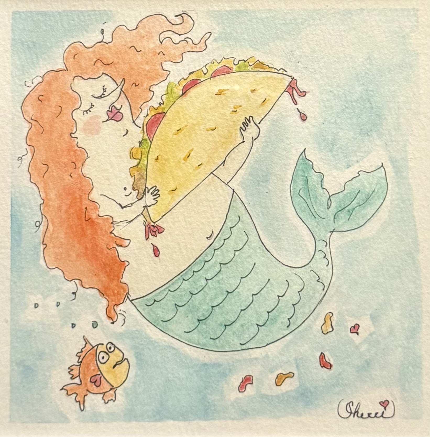 Mabel the mermaid embracing an oversized taco underwater, with Nugget nearby