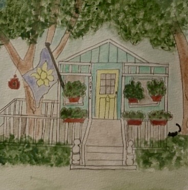 Watercolor of a Florida cottage with a front porch, flower boxes, and a flag