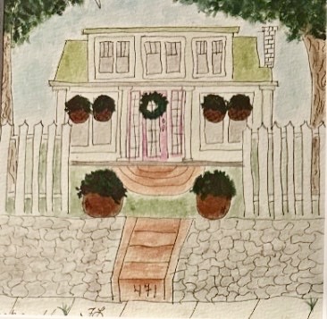 Watercolor of a Florida cottage with a front garden and white picket fence