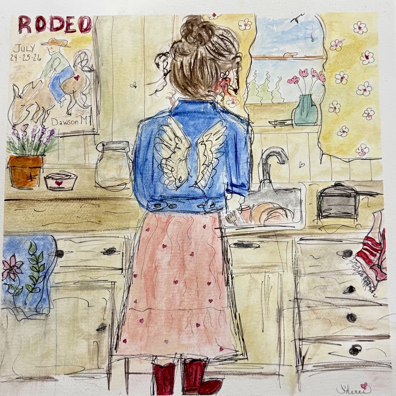 Woman at a kitchen sink wearing a denim jacket with wings, beside a rodeo poster and red boots