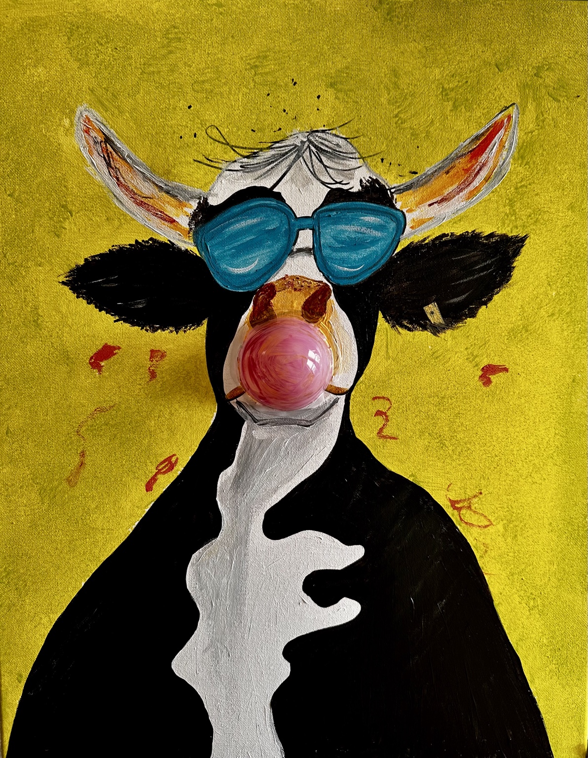 Black and white cow in blue sunglasses blowing a pink bubble