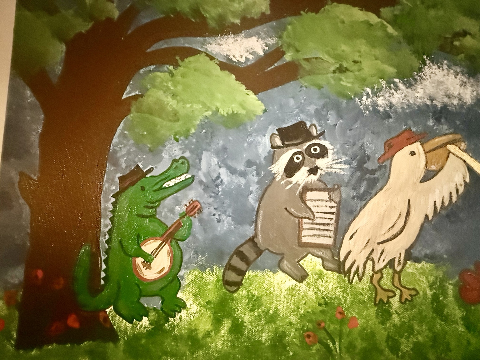 Alligator on banjo, raccoon on washboard, and pelican on trumpet
