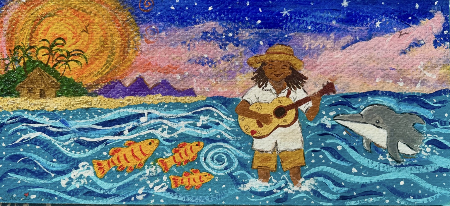 Island musician in a straw hat playing guitar in the surf with fish, a dolphin, and a swirling sun